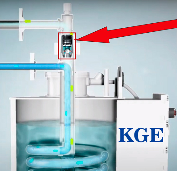 Розміщення поплавкового запірного клапану на виході з випаровувача. На прикладі випаровувача KGE.